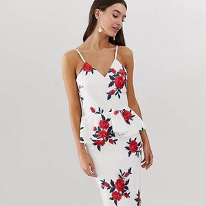 NWT Chi Chi London Tall midi peplum dress with floral embroidery in white US6